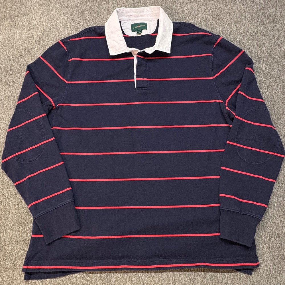Vintage J.Crew Oarsman Rugby Shirt Mens XL Navy Blue Red Stripe Elbow Patch Polo